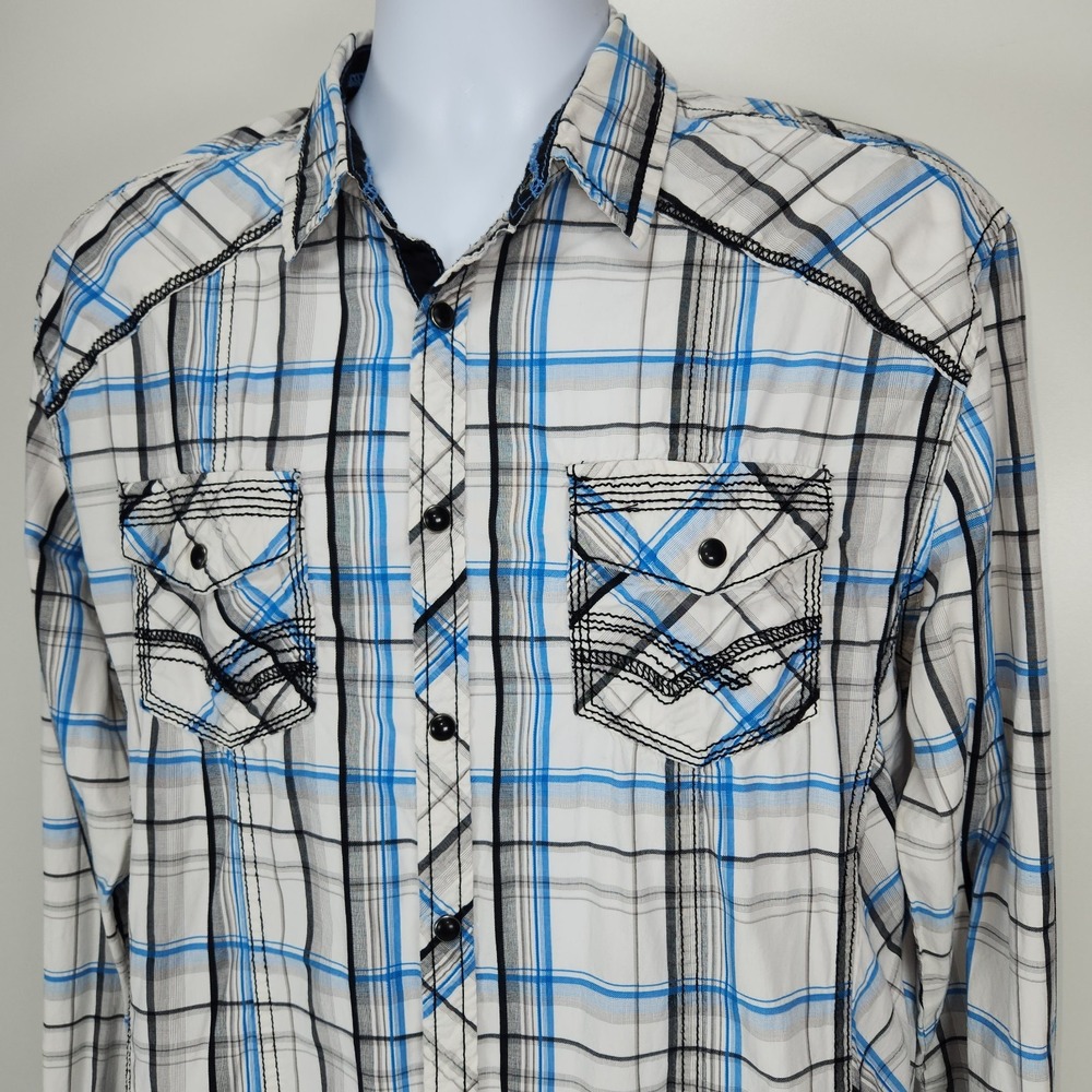 Buckle BKE Athletic Fit Pearl Snap Button Shirt Large Long Sleeve Wht Blue Plaid